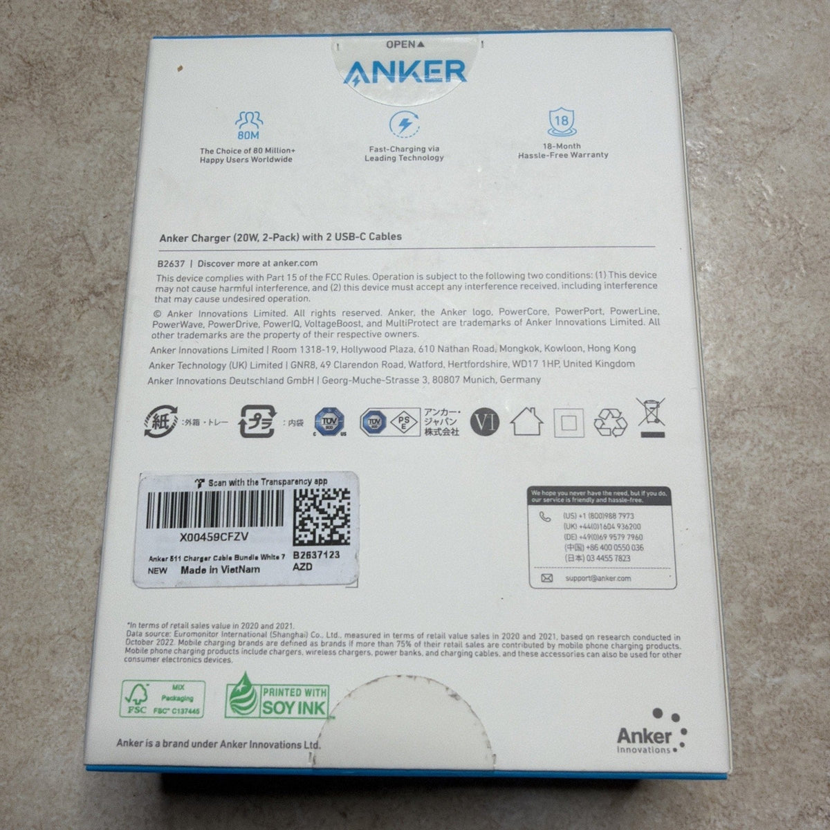 Anker 511 20W USB-C Fast Charger 2-Pack with Cables, White
