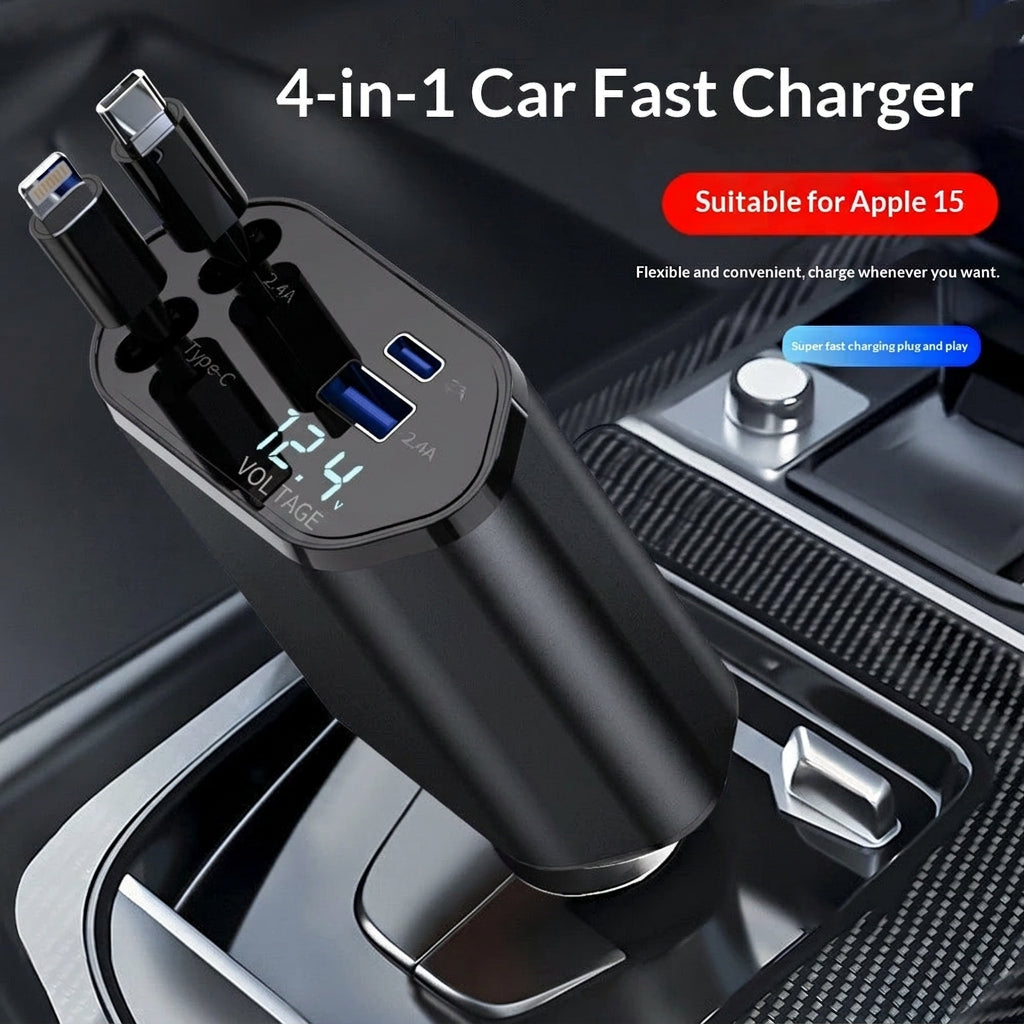 4 In 1 Retractable Car Charger Fast Car Phone Charger 120W With USB Type C Cable