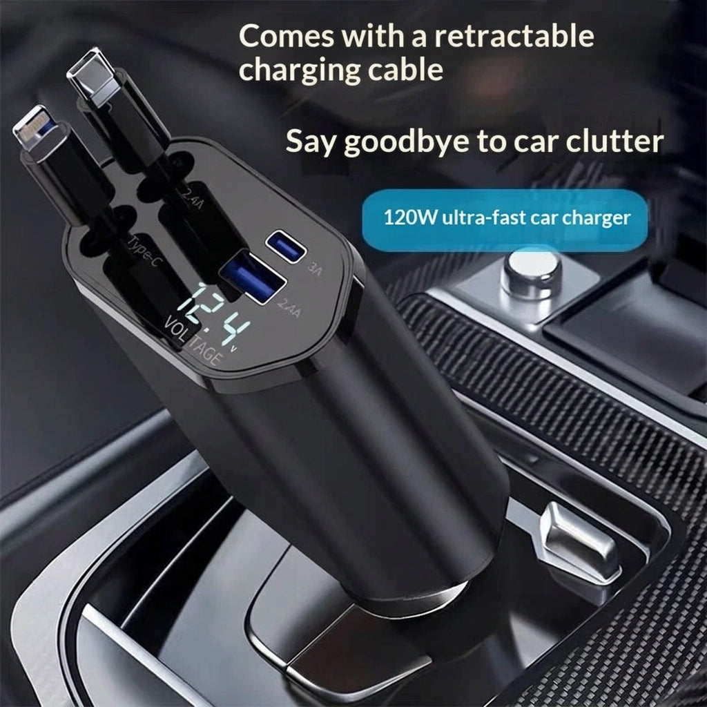 4 In 1 Retractable Car Charger Fast Car Phone Charger 120W With USB Type C Cable