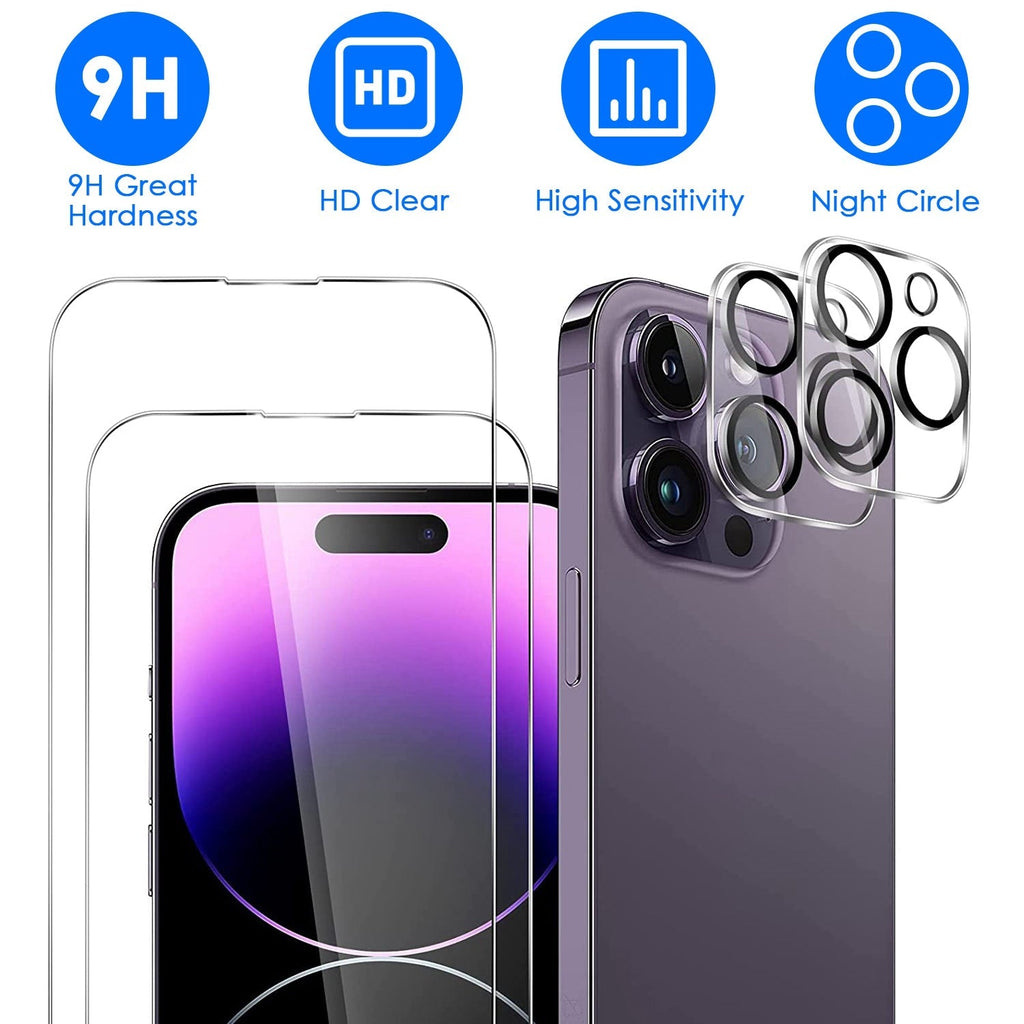 2Pcs HD Clear Screen Protectors 2Pcs Camera Len Protectors Tempered Glass Film Full Coverage Screen Protector Set Fit for IOS Phone 14/14Plus/14Pro/14