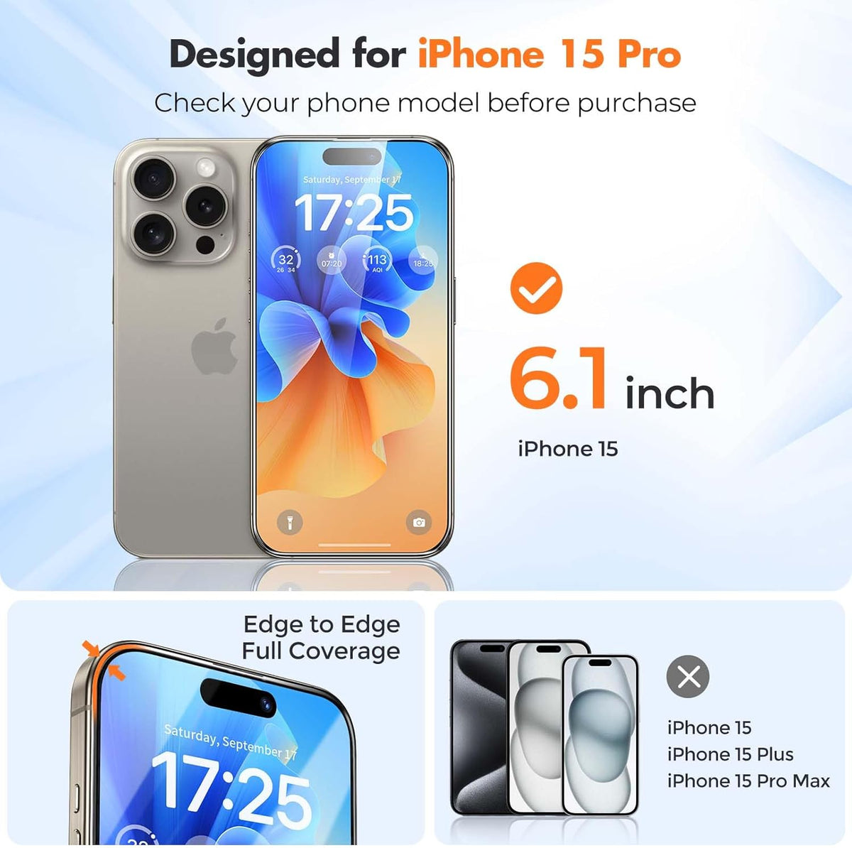 UNBREAKcable 3-Pack Glass for iPhone 15 Pro Screen Protector, Double Shatterproof Tempered Glass [Easy Installation Frame] [9H Hardness] [Full Coverage] [HD Clear] for iPhone 15Pro 6.1 inch