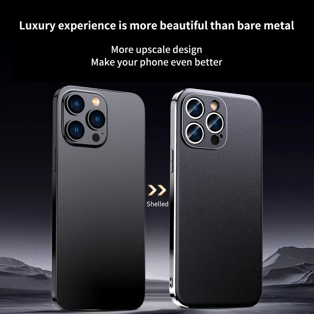 Genuine Cowhide Leather Phone Case for iPhone 16 15 11 12 13 14 Pro Max Luxury Plating Shockproof Lens Protection Back Cover